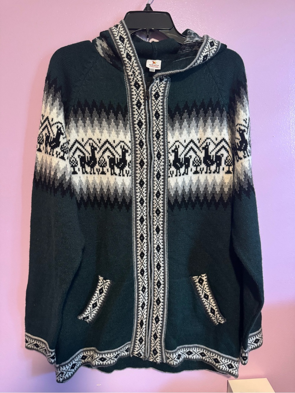 Warehouse Dark Green and Black Alpaca Knit Hooded Zip Cardigan